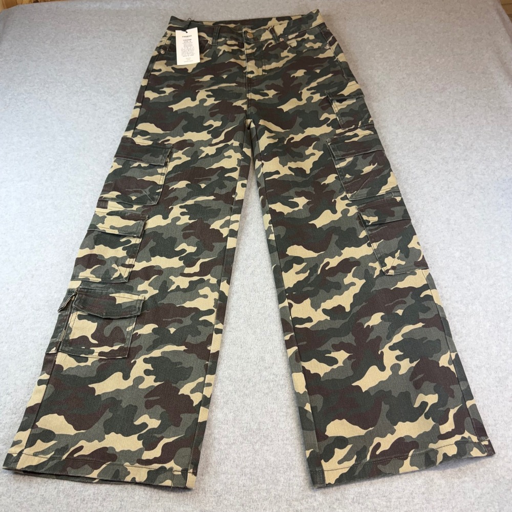 Fashion Style H008 Womens Camo Cargo Pants Green Brown Wide Leg Multi Pocket M